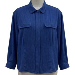 Susan Hutton Blouse Plus 20W Blue Classic Minimalist Neutral Office Career VTG
